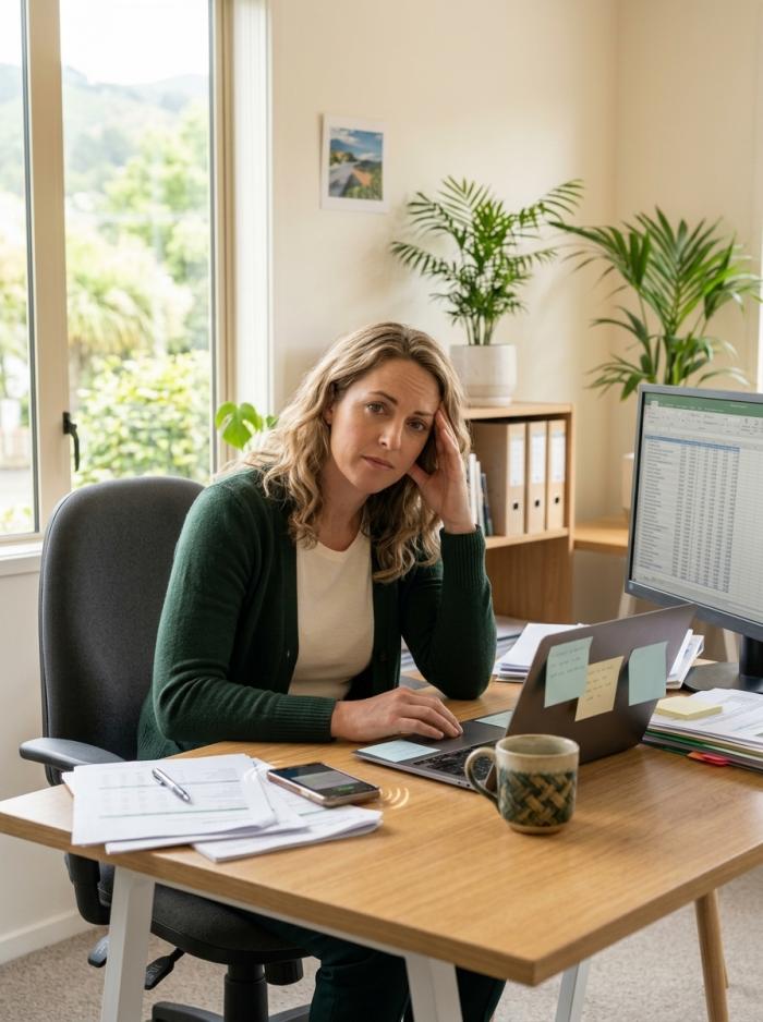 A realistic, cinematic scene of a small business professional — a woman in her late 30s, European appearance, smart casual — sitting at a cluttered desk looking slightly overwhelmed but still composed. Multiple browser tabs open on a la