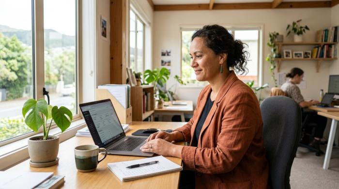 A realistic, warm, and professional scene of a small business owner — a woman in her 40s of Māori or Pacific Islander appearance — sitting at a tidy desk in a bright, modern New Zealand small business office. She is looking at a laptop